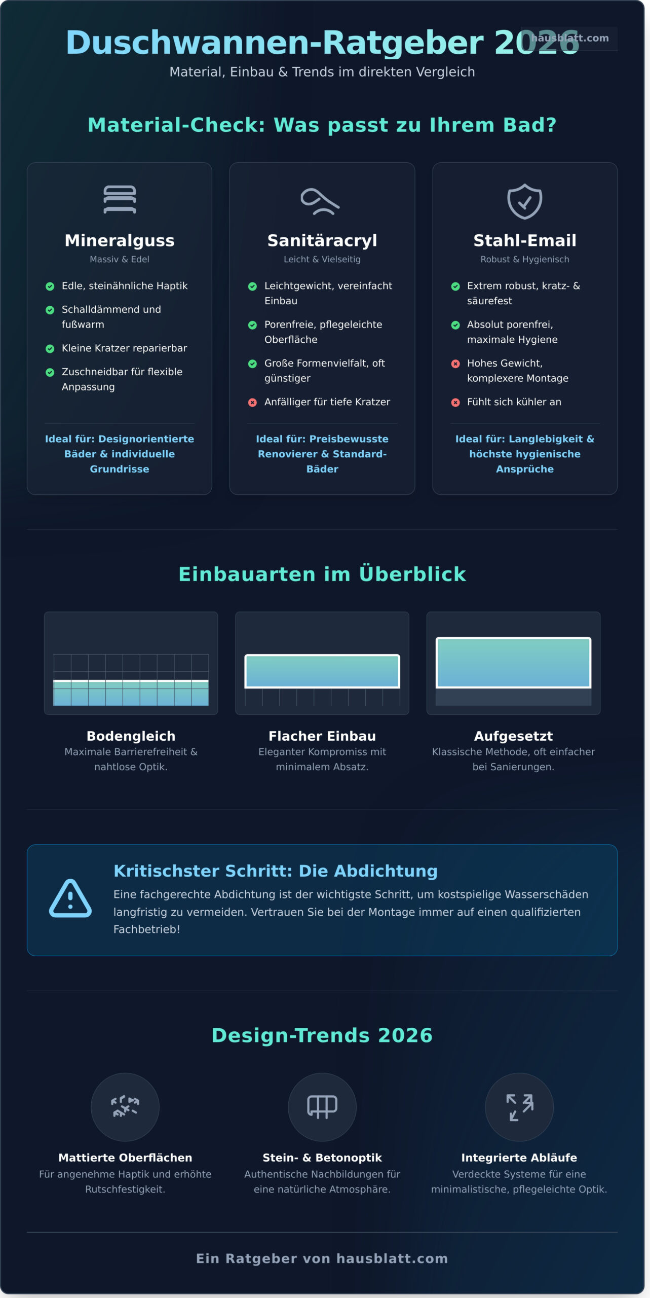 Duschwanne: Der ultimative Ratgeber zu Auswahl, Materialien und Montage 2026 - Infographic