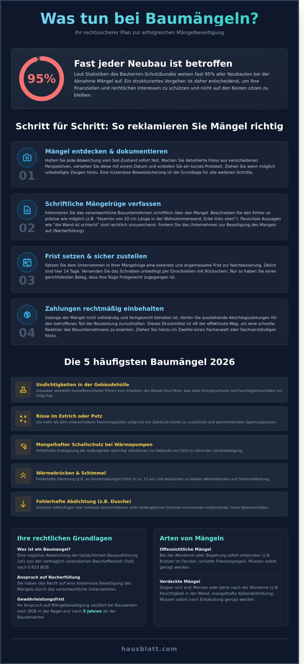 Was tun bei Baumängeln? Der Schritt-für-Schritt Ratgeber für Bauherren (2026) - Infographic