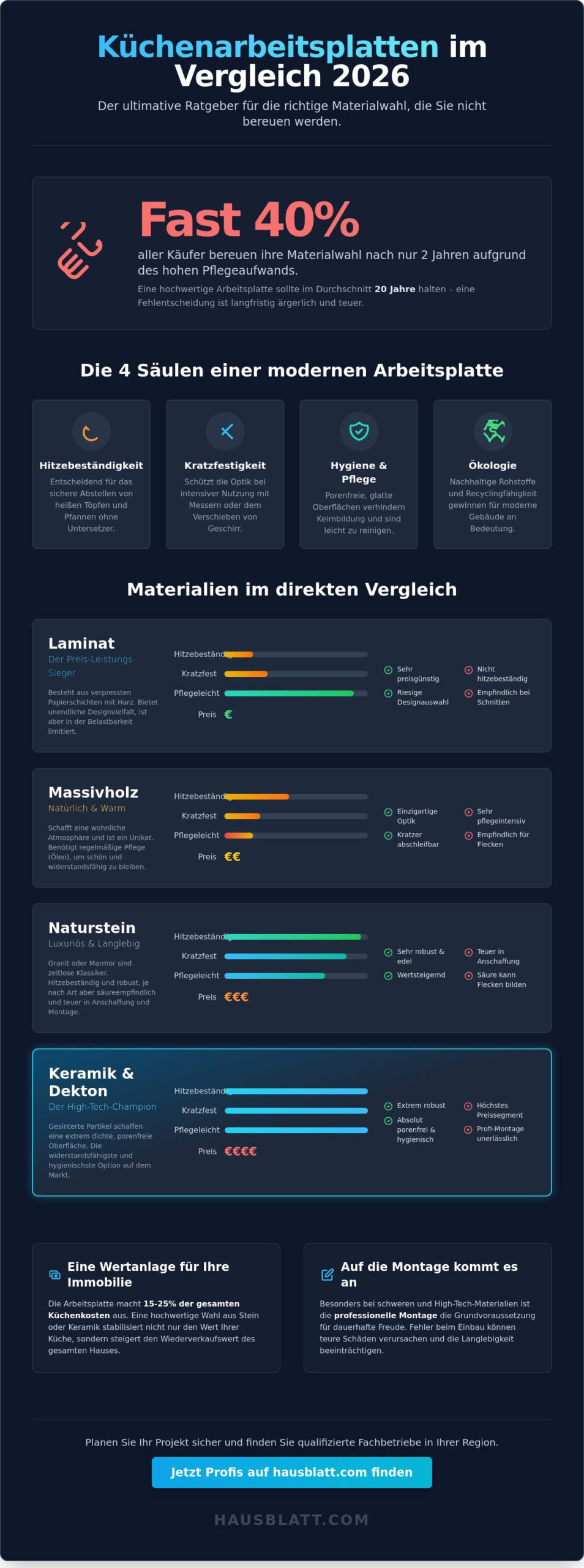 Küchenarbeitsplatte Materialien im Vergleich 2026: Der ultimative Ratgeber - Infographic