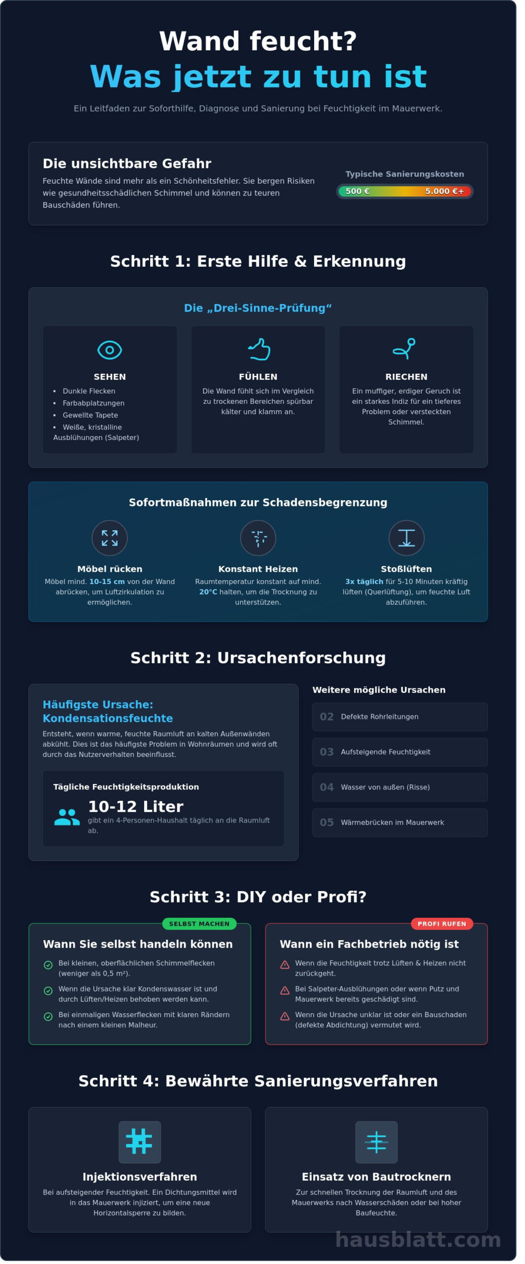 Wand feucht: Was tun? Der ultimative Ratgeber zur Diagnose und Sanierung - Infographic