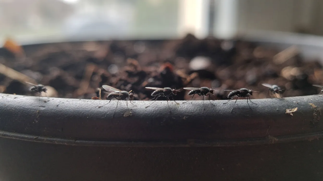 Eine Nahaufnahme zeigt kleine schwarze Mücken, die auf dem Rand eines Blumentopfs mit feuchter Erde sitzen. Diese Trauermücken sind häufige Schädlinge, die oft in Blumenerde vorkommen und die Wurzeln von Zimmerpflanzen schädigen können.