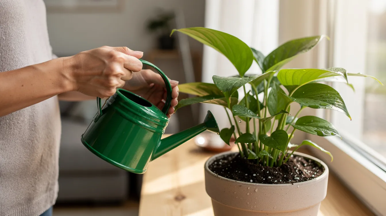 Eine Person gießt eine Zimmerpflanze mit einer kleinen grünen Gießkanne, während die feuchte Blumenerde sichtbar ist. Diese Pflege ist wichtig, um Schädlinge wie Trauermücken und deren Larven zu bekämpfen und das Wachstum der Pflanzenwurzeln zu fördern.