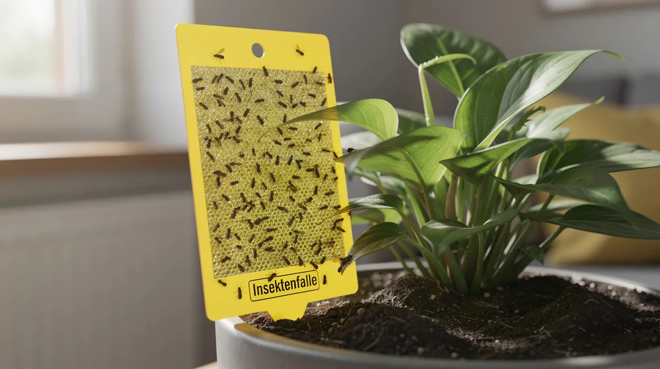 Auf der gelben Klebefalle sind kleine schwarze Insekten, wahrscheinlich Trauermücken, die auf die Falle geflogen sind. Die Falle steht neben einer grünen Zimmerpflanze, die in Blumenerde eingepflanzt ist, und dient zur Bekämpfung des Trauermückenbefalls.