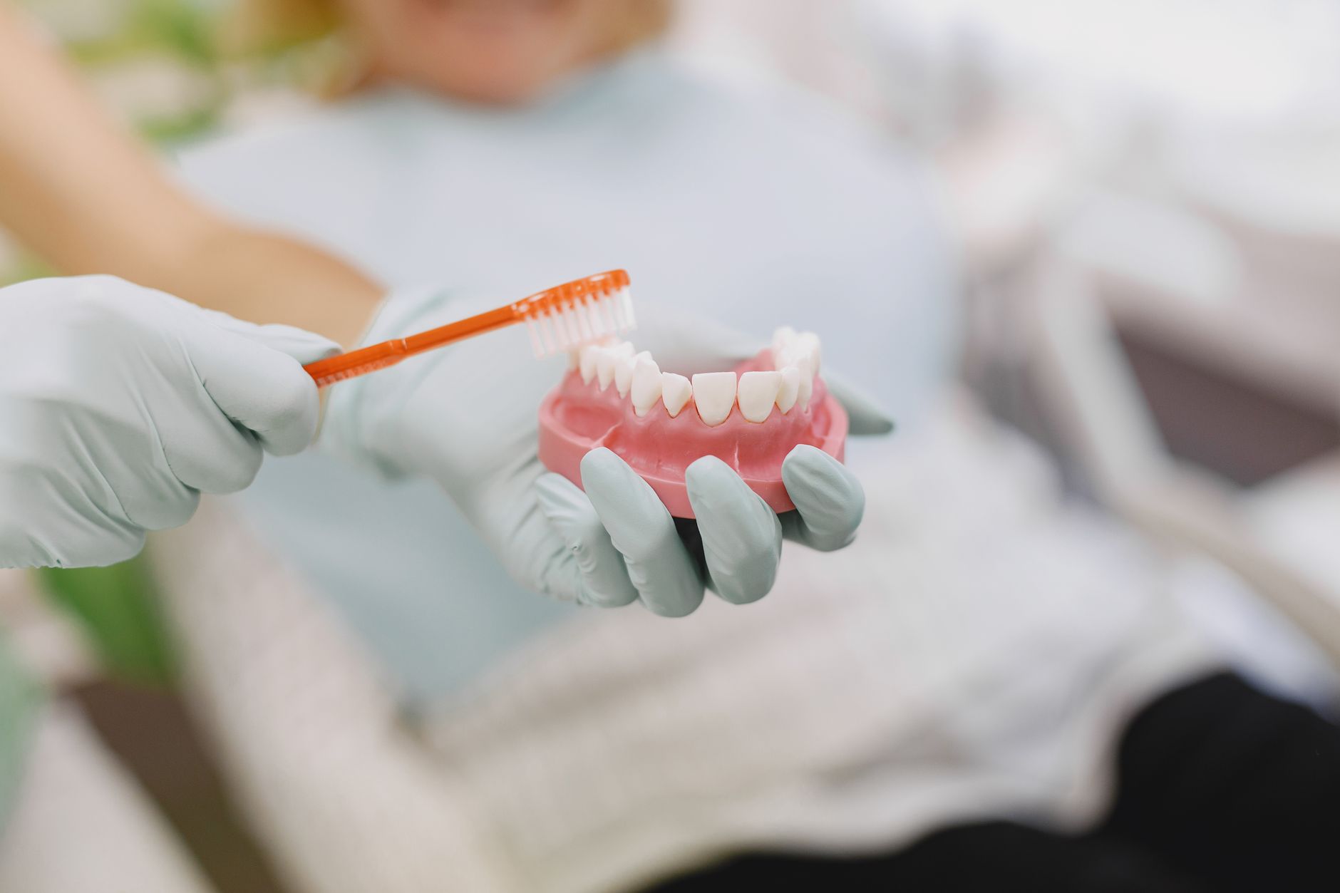Close-up of hands in gloves demonstrating proper tooth brushing technique using a dental model.