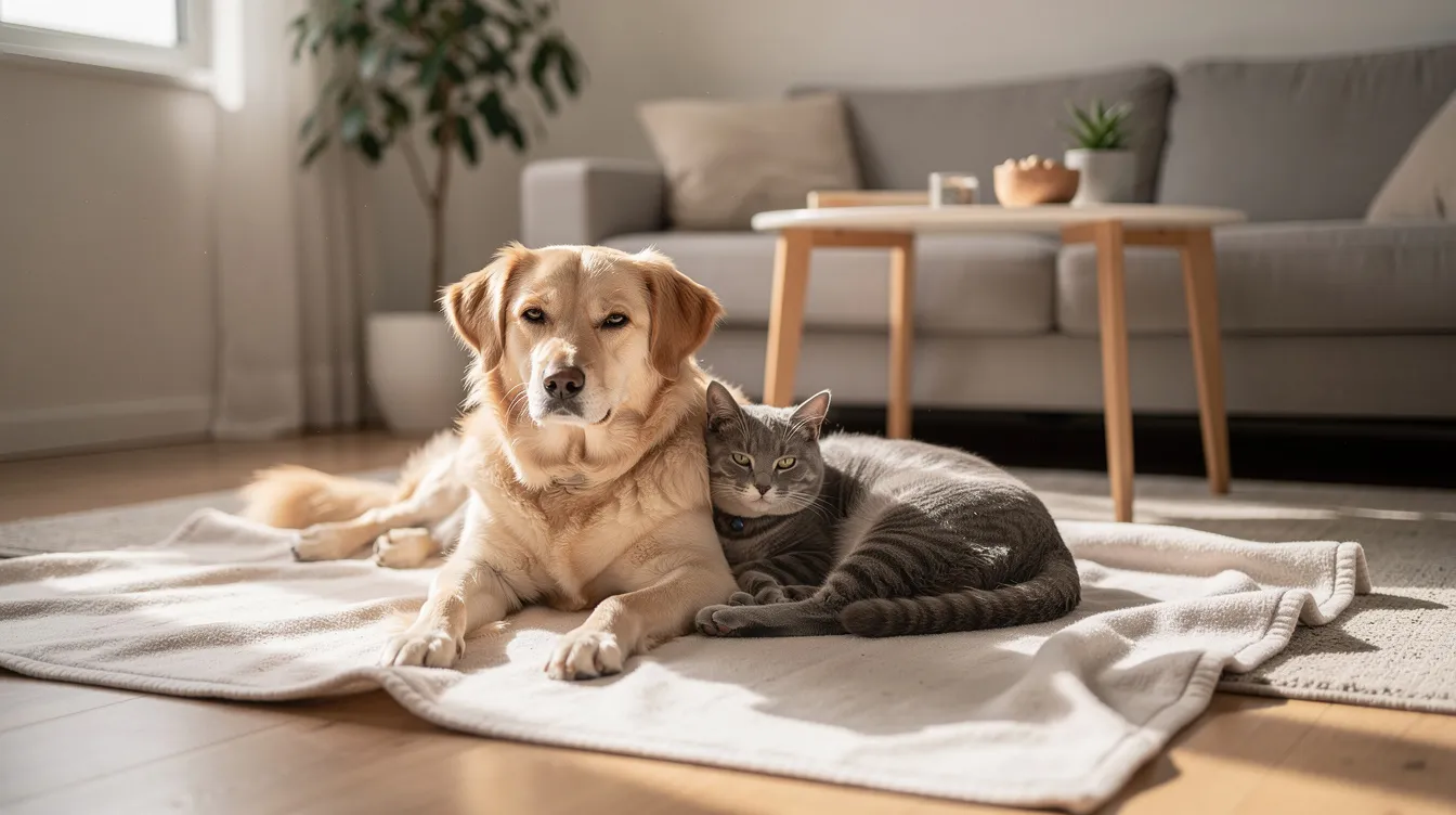 Ein zufriedener Hund und eine Katze liegen entspannt auf einer sauberen, hellen Decke in einem aufgeräumten Wohnzimmer. Die beiden Haustiere genießen ihre Nähe zueinander, während sie friedlich ruhen und sich vor möglichen Parasiten wie Flöhen schützen.