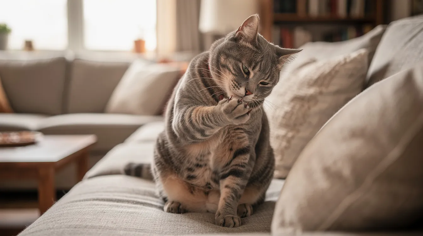 Eine Katze kratzt sich intensiv am Hals auf einem Sofa in einem Wohnzimmer, was auf einen möglichen Flohbefall hindeutet. In der Nähe könnten sich Parasiten wie der Katzenfloh (Ctenocephalides felis) befinden, die Juckreiz und Unbehagen verursachen.